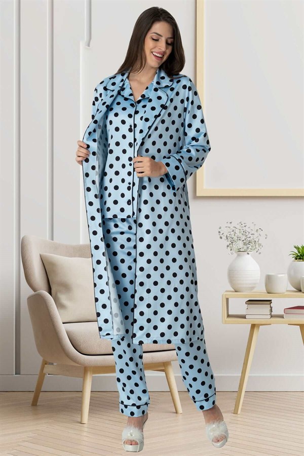Carpediem 1552 Puantiyeli Saten Mavi Sabahlıklı Lohusa Pijama Takımı