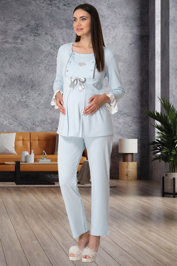 Mecit 5529 Mavi Emzirme Özellikli Lohusa Pijama Takımı