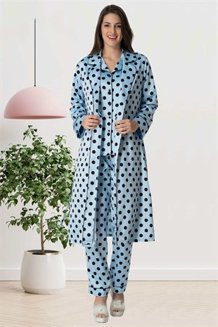 Carpediem 1552 Puantiyeli Saten Mavi Sabahlıklı Lohusa Pijama Takımı