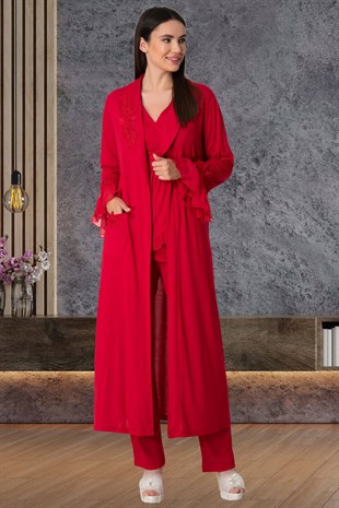 Mecit 5557 Kırmızı Uzun Sabahlıklı Lohusa Pijama Takımı