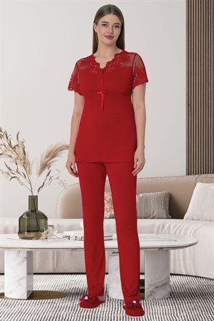Mecit 5613 Kırmızı Dantel Omuz Kadın Pijama Takımı