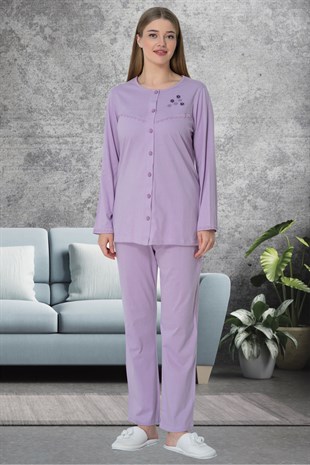 Mecit 5638 Lila Büyük Beden Boydan Düğmeli Kadın Pijama Takımı